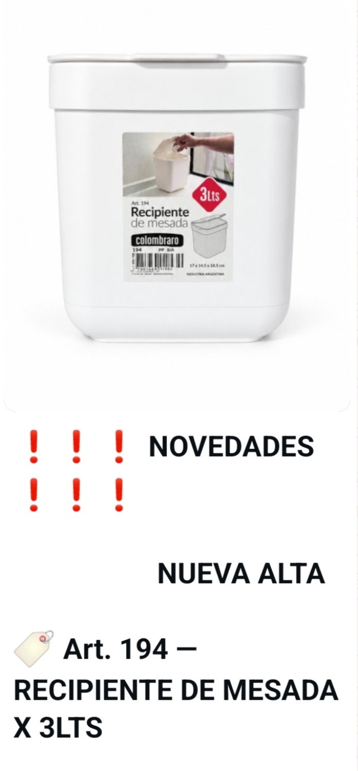 Nuevo recipiente de mesada de 3 litros, artículo 194